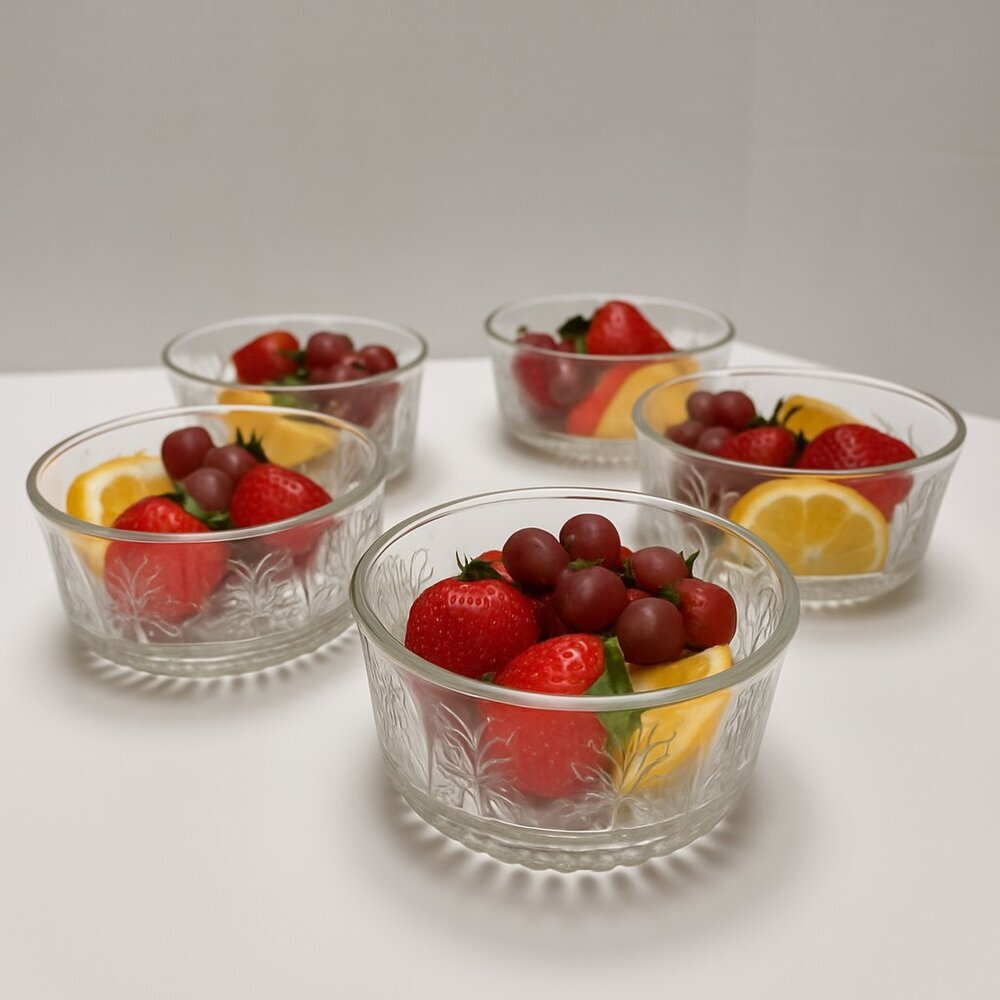 Set of 5 Clear Pressed Glass Dessert Bowls – Starburst Pattern
